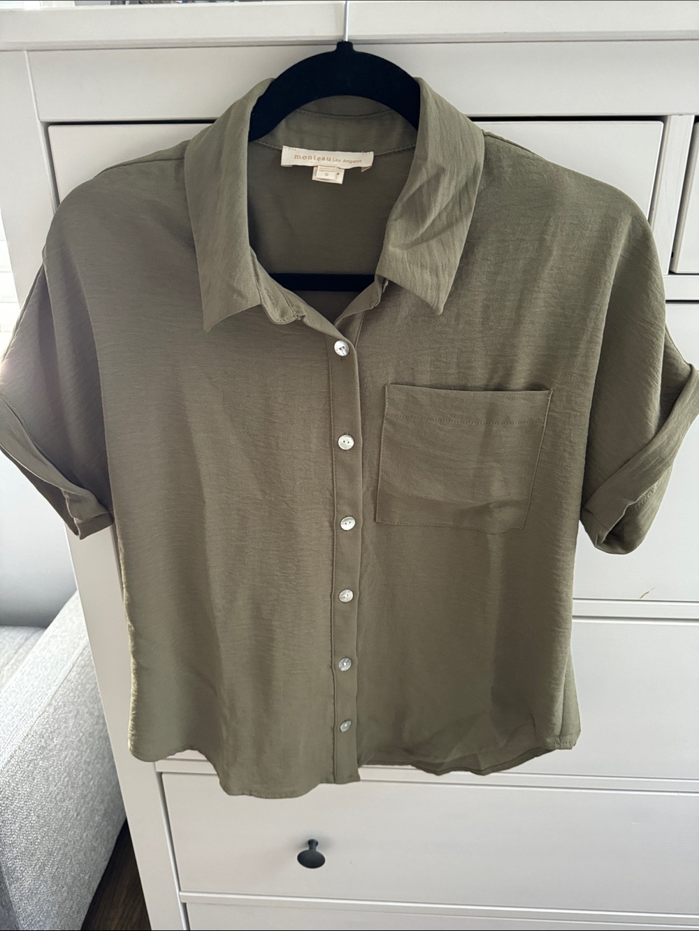 Monteau Olive Green Short Sleeve Button-Down Blouse